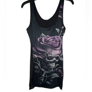 Black Gothic Skull and Purple Rose Graphic Tank Dress Medium Alternative Punk